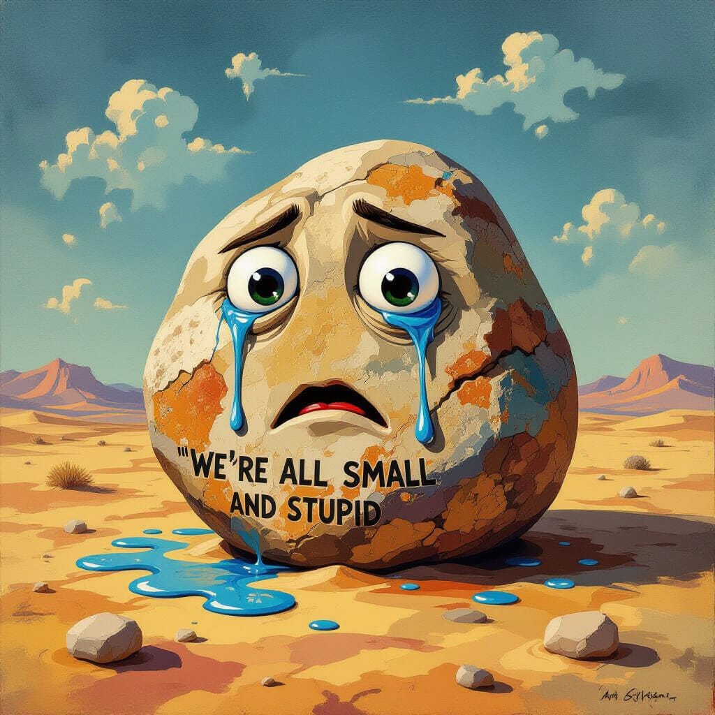 Everything everywhere all at once rock crying in desert.